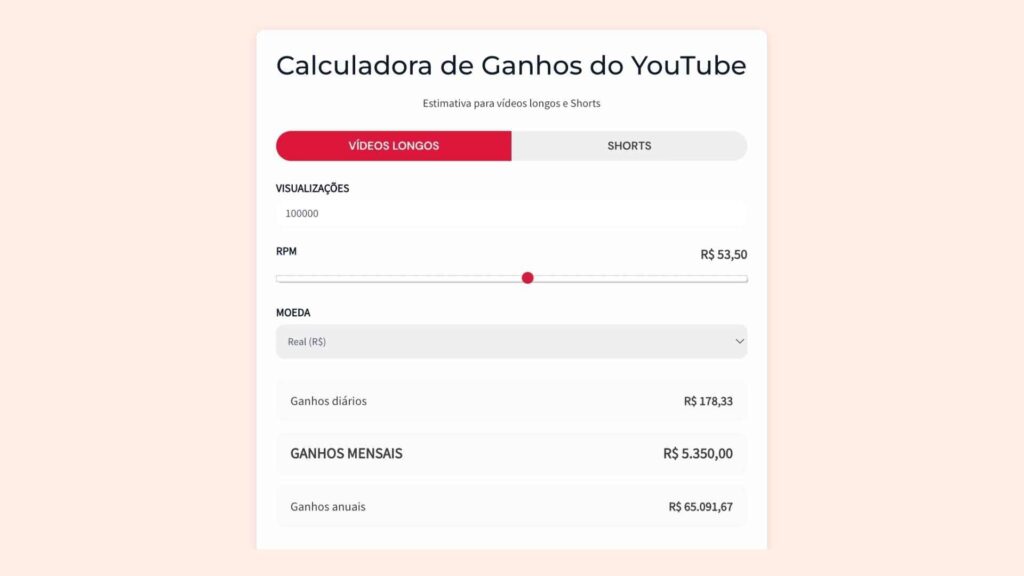 Calculadora de Ganhos do YouTube com RPM de Shorts e vídeos longos.